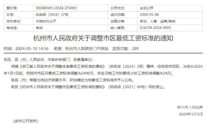 杭州市区月最低工资调整！