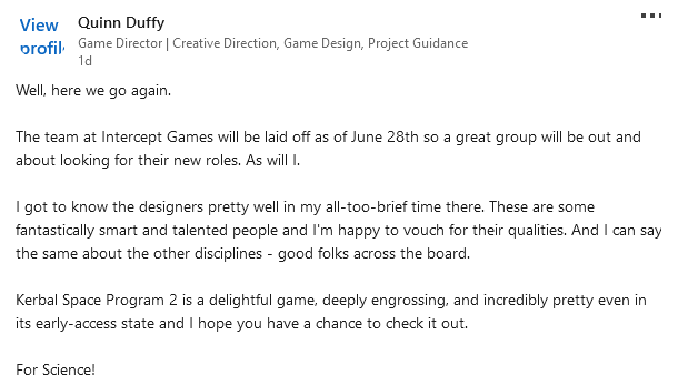 《坎巴拉太空计划2》开发商确认6月底将进行裁员