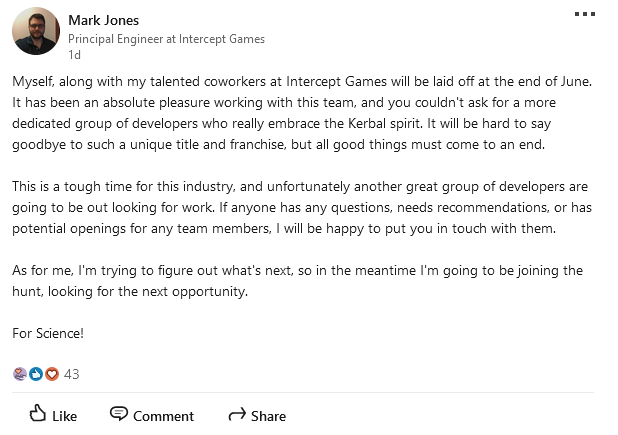 《坎巴拉太空计划2》开发商确认6月底将进行裁员