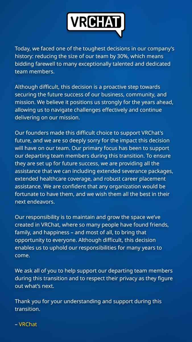 VRChat开发商大幅裁员30% 聚焦长期发展战略调整